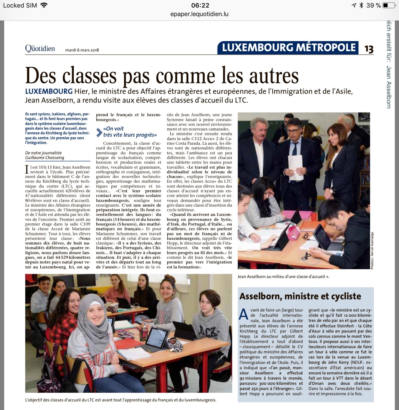 2018 03 05 Visite M. Asselborn Quotidien epaper 2